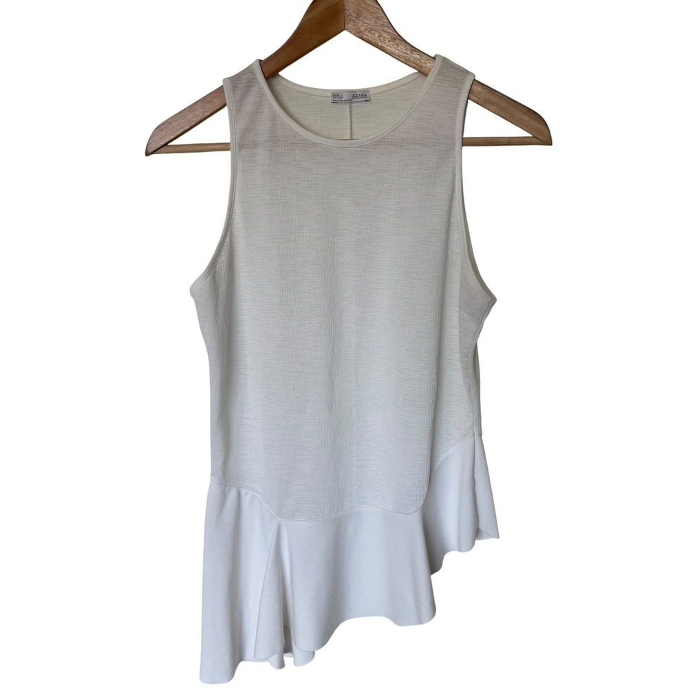 Zara Peplum Top Women S White Excellent Asymmetrical Sleeveless Textured Blouse